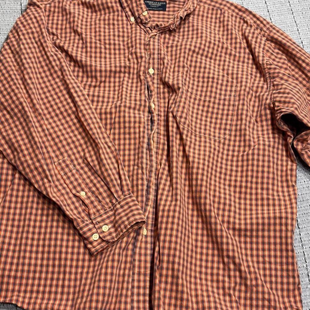 American-eagle Men's Orange and Brown vintage y2k flannel button up Shirt XXL